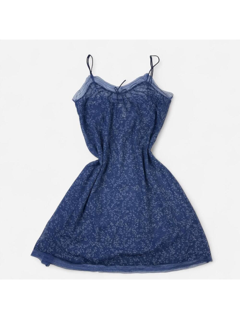Vera Wang Y2K Navy Blue Floral Mesh Spaghetti Strap Maxi Slip Dress Coquette